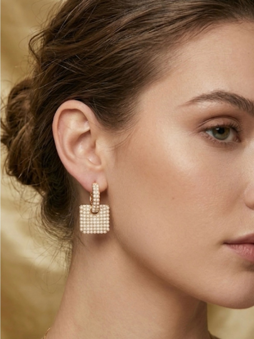 Pearl-Encrusted Mini Handbag Charm Huggie Earrings — Gold Tone